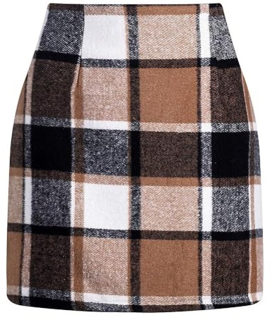 Rutiga kjolar för kvinnor vintermode hög midja bodycon-kjol mini A-linje stretch ullkjolar dam rutig minikjol, Khaki, S