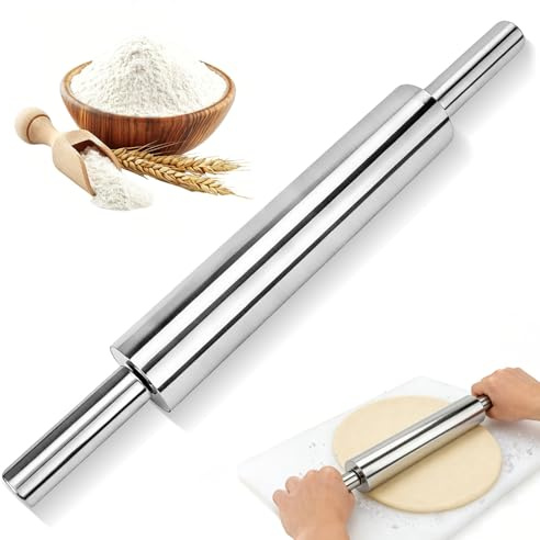 Yooyan Rodillo de acero inoxidable – Rodillo antiadherente con mango, rodillo giratorio para fondant, pizza, pasta de pasta, pan y pastel, accesorio de horneado resistente para desplegar la masa sin