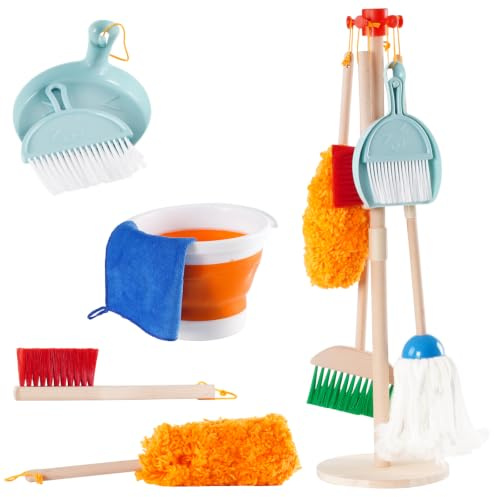 Kids Cleaning Toy Set, Pretend Play Housekeeping Set with Room Mop Duster Dustpan Brushes Rag and Organizing Stand, Toddler Cleaning Toys for Boy Girl Age 3-6