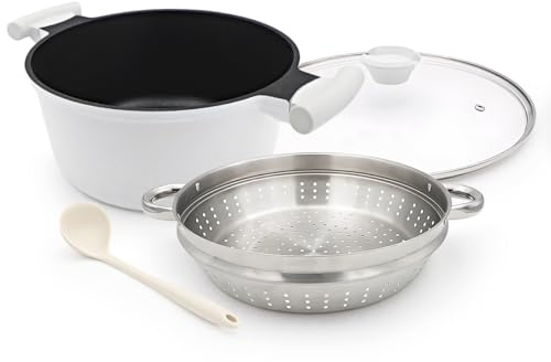 Bobikuke Ollas de vapor de 6 litros con tapa, olla antiadherente de 6 L con vaporizador de verduras, sin PTFE y PFAS, olla grande para cocinar al vapor, asas que se mantienen frías, compatible con