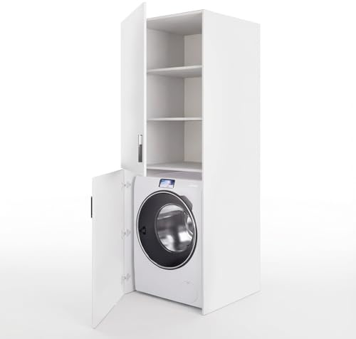Mobile Lavatrice Asciugatrice Con 2 Ante E Ripiani Mobiletto Lavanderia Bagno Armadietto Verticale Armadio Salvaspazio Con Vano Incasso Chiusura Soft Closing Design Moderno 70 × 70 × 180 Cm Bianco