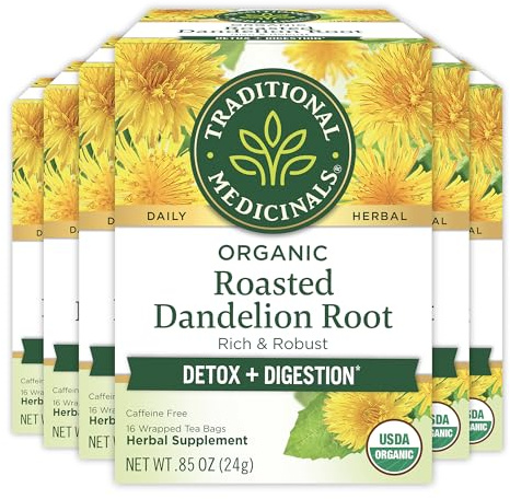 Traditional Medicinals Tea, Organic Roasted Dandelion Root, Supports Kidney Function & Healthy Digestion, 96 Tea Bags (6 Pack)