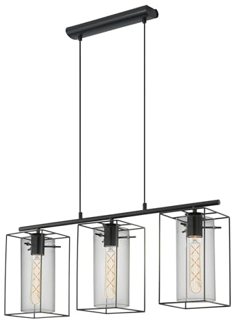 EGLO hänglampa Loncino, 3 ljuskällor vintage hänglampa | hängande lampa av stål, färg: svart, glas: rökt glas, sockel: E27, L: 74,5 cm