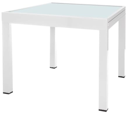 LOLAhome Mesa Comedor Extensible Exterior Thais, Blanca 80/160x80 cm | Extensible hasta 160cm. Aluminio y Cristal serigrafiado, Tratamiento Anticorrosión, Resistente y Duradera, para 6 personas.