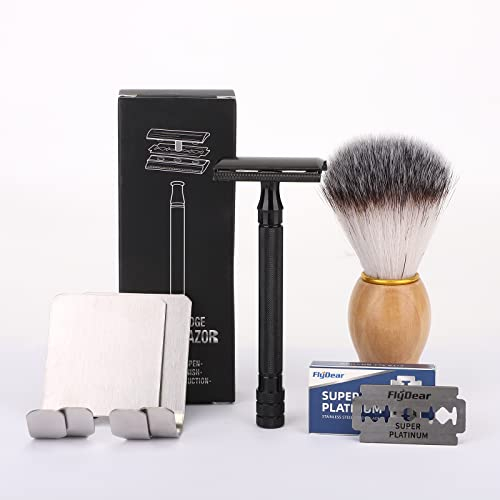 Rasierhobel Schwarz mit 10 Rasierklingen, 2 Stück Rasierer Halter Haken, Herren Asierpinsel Nachhaltig, Zero Waste, Eco Shaving Rasierhobel Rasierer Set, Metall Safety Rasierer