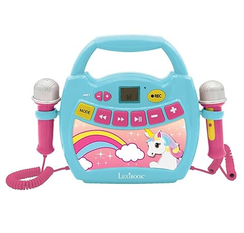 Lecteur Musical Portable Licorne pour Enfant avec micros et Effets Lumineux, Bluetooth, USB, Enregistrement et Changement de Voix, Rose/Bleu MP300UNIZ