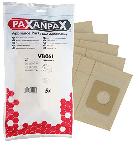 Paxanpax VB061 VB061-Bolsas de vacío compatibles con LG 'TB33/TB34/TB39' Extron, Passion, Turbo Hitachi CV3200 Series (Paquete de 5), Papel, Brown