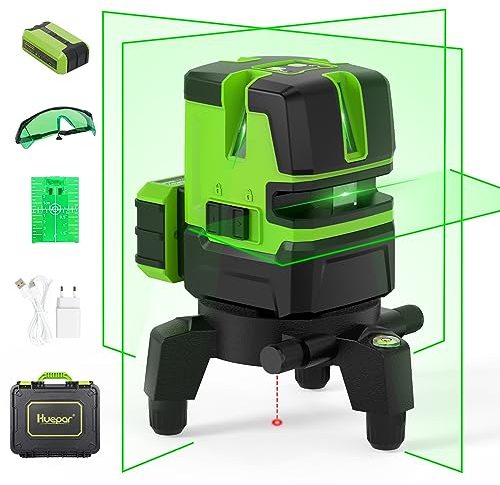 Laser Niveau Multiligne Vert 4 Verticales + 1 Horizontale Auto‑nivelant – Mode Impulsion Extérieur, Batterie Li‑ion USB‑C, Base Rotative 360°