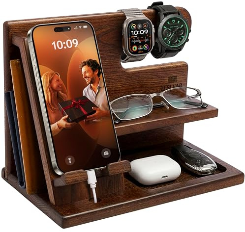 Teslyar, Stazione di ricarica per telefono in legno di frassino, con funzione di organizer per tenere chiavi, portafoglio e orologi, da uomo, idea regalo per anniversari, compleanni, lauree
