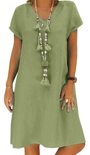 Tincini Women's Dress Summer Linen Dresses Casual V Neck Midi Dress Short Sleeve A-line Dress Sundress Tunic Dress Without Accessories (A Green, XXL)