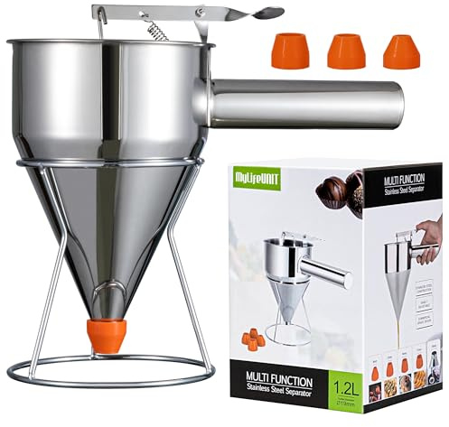 MyLifeUNIT Pancake Batter Dispenser, 40oz Multi-Caliber Stainless Steel Funnel Cake Dispenser with Stand Great for Pancakes, Cupcakes or Any Baked Goods