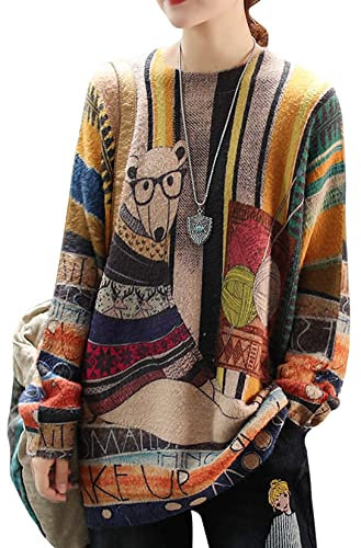 Janein Damen Pullover Oversize Lang Strickpullover Herbst Winter Rundhals Sweater mit Blumenmuster Weihnachtspullover XL S01DE CR31