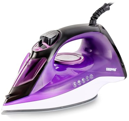 GEEPAS 2-in-1 Clothes Steam Press & Dry Iron | 40s Fast Heat-Up, Vertical Steaming | Ceramic Soleplate & Adjustable Temperature| 220ml Water Tank with 0.8g/Steam Output | 2 Year Warranty 2400W Purple