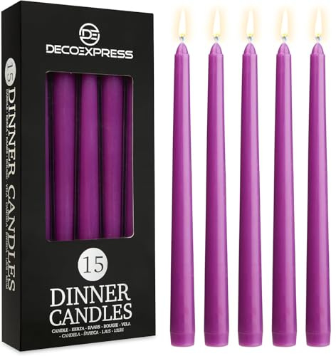DECO EXPRESS Candles Set, Pack of 15 Classic Dripless Tapered Metallic Dinner Candles, Unscented with 8 Hours Burning Time, Home, Valentine’s Day & Mother’s Day Decor Idea (Purple, 15 Pack)