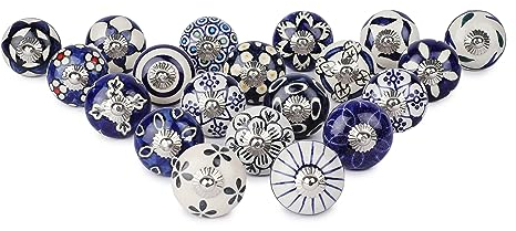 Ajuny Lot de 20 Boutons en Céramique Bleu et Blanc, Peints à la Main – Boutons & Poignées pour Tiroirs, Portes de Placard, Armoires, Commodes & Cuisine – Finition Brillante, Filetage M4