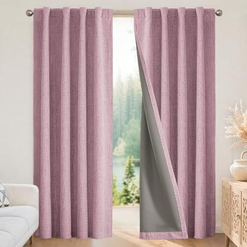 Joydeco 100% Cortinas Opacas 2 Piezas, Lino Cortinas Dormitorio con Pasadores Anti Luz Cortina Termica Aislantes Frio y Calor para Salon（2x245x140，Rosa）