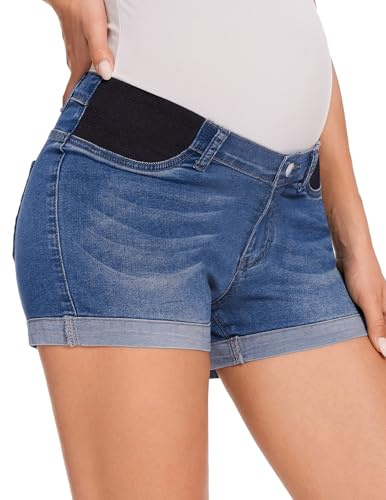 fitglam Women's Maternity Jean Shorts Under Belly Maternity Lounge Denim Shorts Pregnancy Comfy Clothes with Elastic Panel(Dark Blue, Medium)