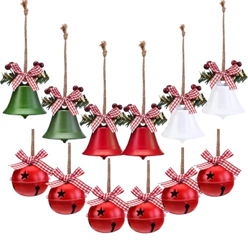 ZIGefofo 12 Stück Weihnachtsglocken Glocke Set Hängedeko für Weihnachten Bowknot Jingle Bells Eisen Glöckchen zum Anhängen Weihnachtsanhänger für Fenster Tür Christbaum DIY Dekorationen