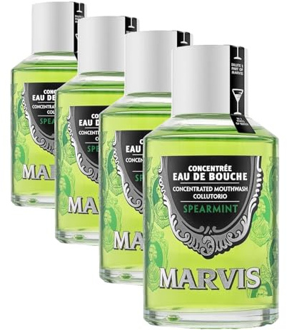 Marvis Enjuague bucal concentrado menta verde, 120 ml, colutorio sin alcohol para un aliento fresco, reduce la acumulación de placa y cuida las encías (Paquete de 4)