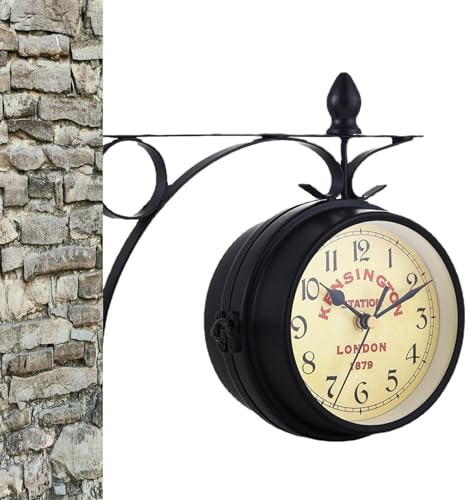 Vintage - Boîtier en fer silencieux, horloge d'extérieur étanche | Design d'horloge double face, cadran de style antique, construction résistante aux intempéries, look de gare classique, affichage