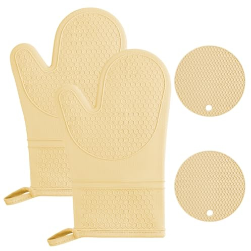 AUAUY Guanti da Forno e Presine da Cucina, Guanti da Forno in Silicone Impermeabili, 446°F Antiscivolo Guanti Resistenti al Calore Guanti da Cucina Lunghi per Cucinare Barbecue con 2 Presina-Albicocca