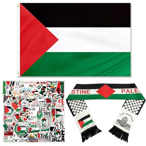 Bandera de Palestina 150 x 90 cm,Bufanda Bandera Palestina 135 x 14 cm,Palestine Pegatinas,Banderas Resistentes a la Intemperie para Exteriores,Bufanda para Hombres y Mujeres