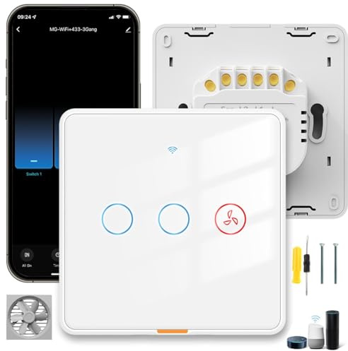 Acmerota Smart Schalter für Badlüfter Smart Lichtschalter 2-fach 1-Wege WiFi-Touch-Schalter Drahtloser Schalter (kein Neutralleiter erforderlich) Kompatibel Google Home über die Smart Life-App
