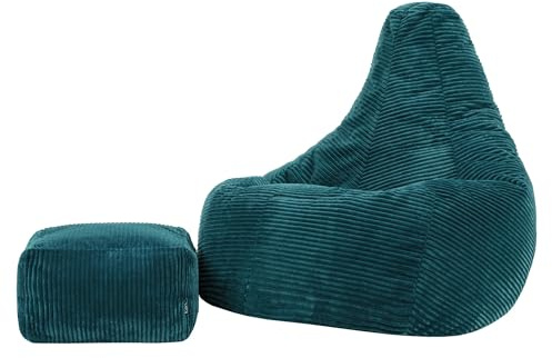 icon Dalton XXL Poltrona Sacco con Poggiapiedi, Verde Acqua, Velluto a Coste, Pouf Poltrona con Riempimento Incluso, Pouf Sacco, Camera da Letto, Soggiorno, Mobili Soggiorno