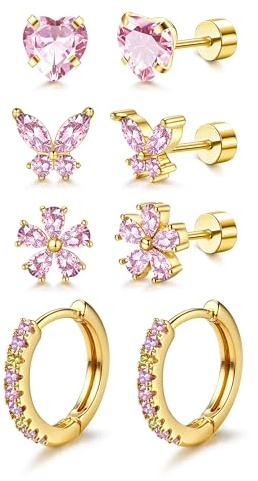 Roheafer 14K Gold Plated Hypoallergenic Earrings for Girls Women 316L Surgical Stainless Steel Flat Back Earrings Cute Heart Flower Small Daisy Huggie Hoop Earrings Set for Sensitive Ears
