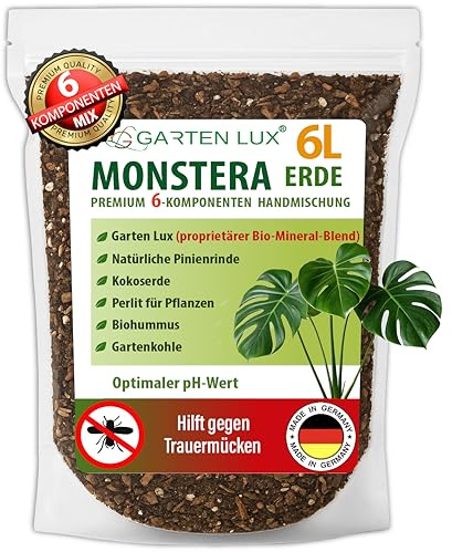Garten Lux Monstera Tierra 6 L sin turba – 6 en 1 contra mosquitos de luto | sustrato aroid | tierra de coco, perlita, corteza de pino, biohummo, carbón de jardín + complejo secreto | drenaje rápido