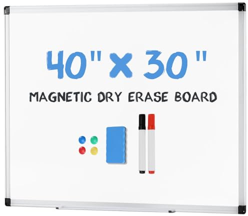 DUMOS Magnetic White Board Kit for Wall 40 x 30, Dry Erase Board with 1 Dry Eraser & 2 Multicolor Markers & 4 Magnetic Pins, Silver Reinforced Aluminum Frame for Home, School, Office