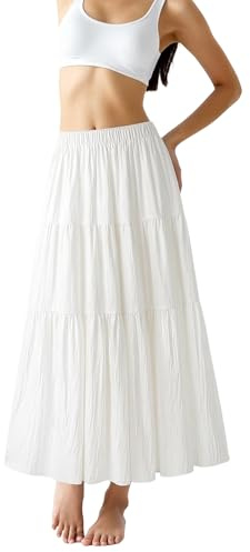 Honeywish Maxi Skirt for Women, 88cm Long Elastic Waist A-Line Skirt, Vintage Summer Tiered Skirt, Elegant Full-Length Skirt UK (UK, Alpha, S, Regular, Regular, White)