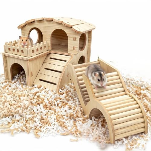 FTISSLY Lot de 2 Cachettes en Bois pour Hamster, Tunnel Arche et Maison à 2 Étages, Maison Cochon d'Inde Bois pour Hamsters Nains, Syriens, Gerbilles, Rats, Accessoire de Cage pour Petit Animal