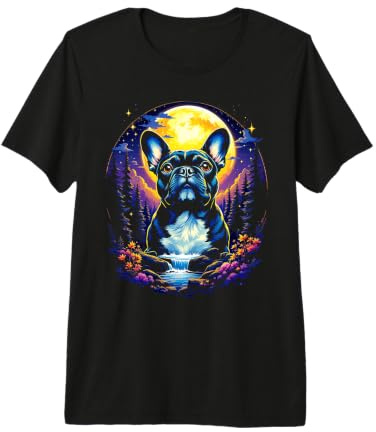 Majestueux Bouledogue français sous Pleine Lune et Cascade T-Shirt Haut de Gamme