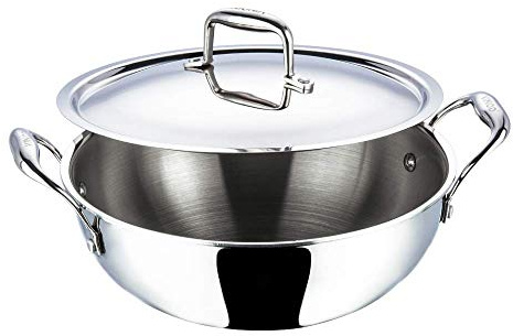 Vinod Platinum Kadai Triply Stainless Steel | Suitable for Indian Cooking, Sauces, Stews, Soups | Deep/Extra Deep Kadai with Lid | Induction, Electric Friendly (Extra Deep Kadai, 24cm)