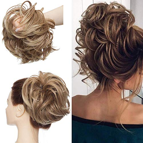 Tousled Updo Messy Bun Haarteil Haargummis Haarverlängerung Pferdeschwanz mit elastischen Haarteil Hair Extensions für Frauen Hellbraun bis aschblond