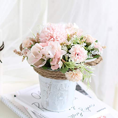 Leixi Artificial Hydrangea Flowers Plants With Pot, 11 × 20cm Fake Plants in Metal Pot, Silk Roses Flowers for House Office Desk Kitchen Table Windowsill Decoration, New House Gift (Pink)