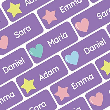 My Nametags® Award-Winning Name Stickers for Clothes & Items | 56 No-Iron, Washable Stick-On Tags for Babies, Kids & Adults | Heart Stickers (Purple)