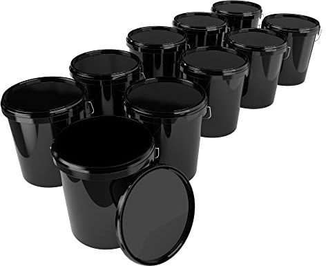 10 x hinkar med lock 16 liter svart – livsmedelssäker lufttät och stabil, tom hink med handtag och lock lämpliga för livsmedelskemi, väggfärg, tvättpulver, lim