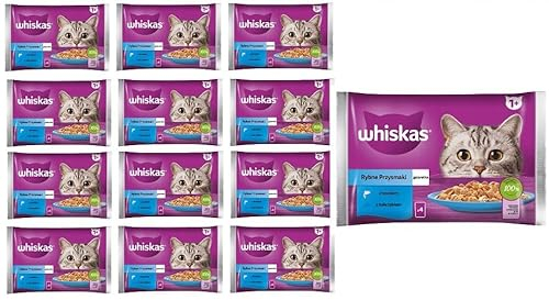 Whiskas Adult 1+ Fisch-Auswahl in Gelee mit Lachs und Thunfisch, 52 Portionsbeutel, 13x4x85g, Hochwertiges Nassfutter für ausgewachsene Katzen