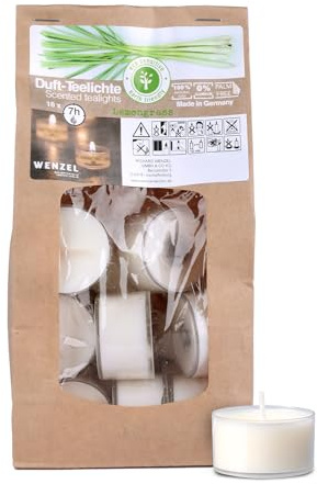 Wenzel Teelichter Duftkerze – 18 Duftteelichter Lemongrass Duft - 7 h Brenndauer - 100% Naturwachs, Palmölfrei, Ohne Alu – Raumduft & Deko-Kerzen für Zuhause, Bar, Restaurant, Outdoor, Events