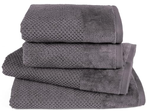 Pure Label 4-TLG. Handtücher Set mit Aufhängeschlaufen aus 100% Baumwolle, saugstark, weich und Oeko-TEX Zertifiziert - 2X Badetuch (70x140 cm) 2X Handtuch (50x100cm), Anthrazit - Grau