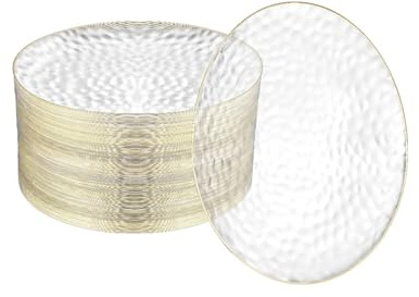 R-kay 100 Pack Clear Plastic Plates - 6.25 IN Hammered Gold Rimmed Sturdy, Durable And Extra Heavy duty Gold Plastic Dessert Plates Disposable - Ideal For Appetizer And And For Desserts.