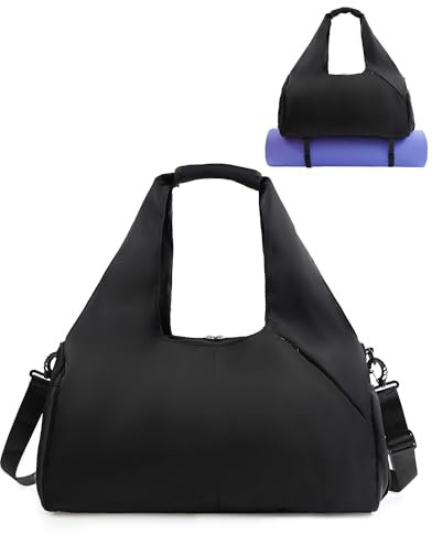 RHDZO Gym Bag for Women with Shoe Compartment Yoga Mat Bag with Wet Pocket and Water Bottle Holder Weekender Bag with Shoulder Strap, Black (Standard Bottle Fit)