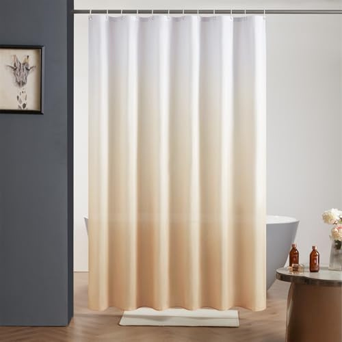 Furlinic Duschgardin i polyester mögelbeständig - Vattentät och maskinvasbar badinredning med 12 krokar för badrum, Vit till mocca, 180 x 200 cm