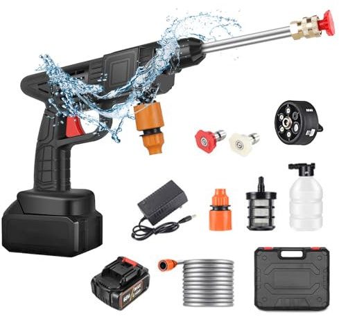 Idropulitrice a Batteria, 48 V Max 90 Bar Idropulitrice Portatile con Ugello Multispruzzo 6 in 1, Tubo da 5M, Lancia di Prolunga, Strumento per La Pulizia Dell'auto da Esterno
