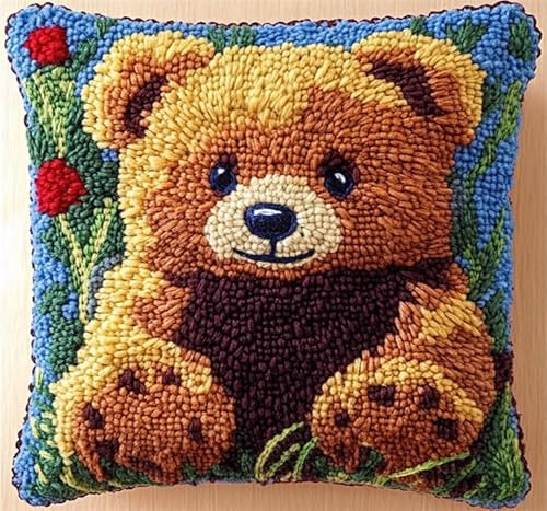 Kit di Ganci a Chiusura per Cuscino,Animali dei cartoni animati,simpatico orsetto marrone,DIY Cuscini Artigianali Kit Ricamare Cuscini Federa per Cuscino per Divano per Adulti,43x43cm
