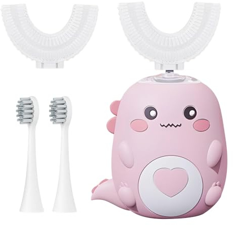 Cepillo de Dientes Eléctrico en Forma de U para Niños, Cepillo de Dientes Infantil de 360° con 2 Cabezales U de Silicona y 2 Cabezales Suaves, Diseño de Dinosaurio para Niños de 2-12 Años (Rosa)