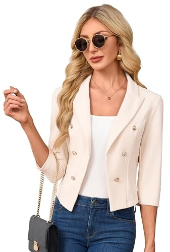 MODIURBAN Blazer corto da donna, maniche a 3/4, colletto a risvolto, cardigan business bolero aperto frontale (confezione multipla), albicocca, S