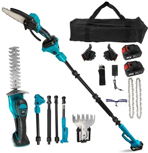 Mini Kettensäge & Akku Heckenschere Teleskop 6-in-1 Akku Hochentaster Grasschere mit 2 x 4,0Ah Akku, 0-180° Verstellbarer Winkel für Zaun, Rasentrimmer, Baumschnitt, Maximale Reichweite bis zu 4,3m